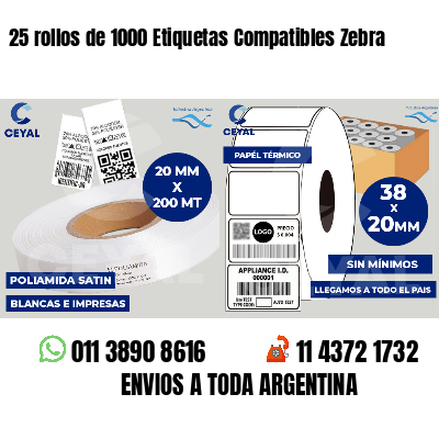 25 rollos de 1000 Etiquetas Compatibles Zebra 