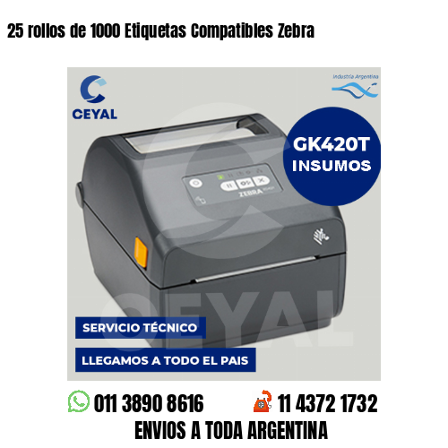25 rollos de 1000 Etiquetas Compatibles Zebra 