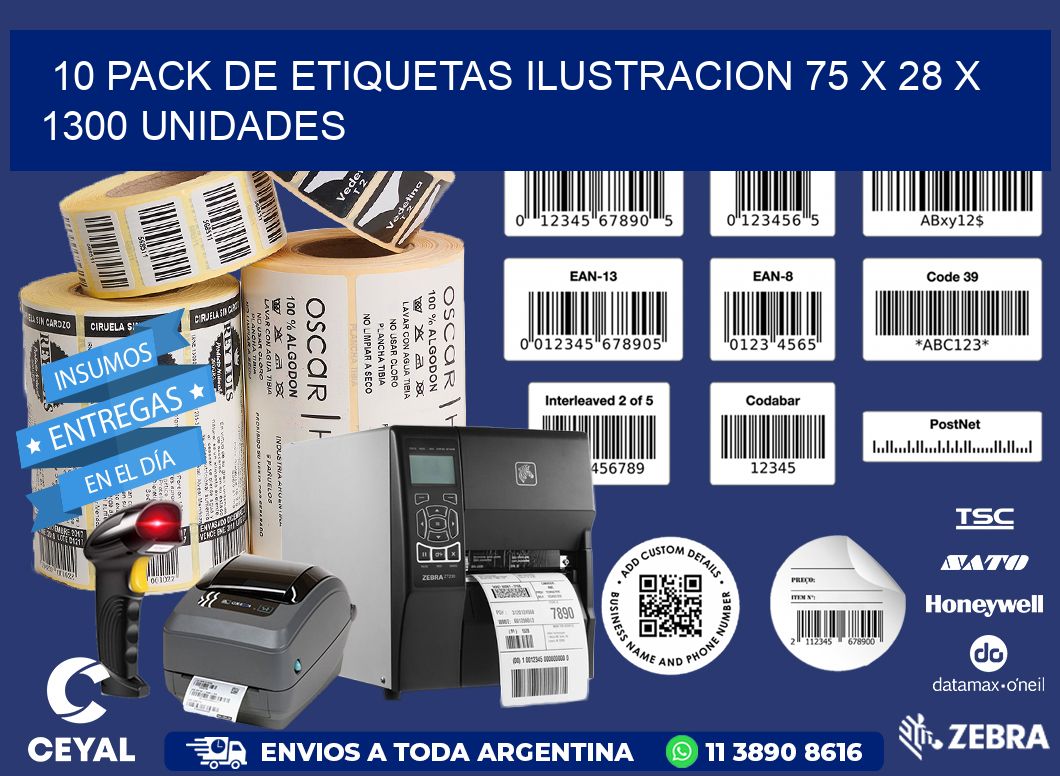 10 PACK DE ETIQUETAS ILUSTRACION 75 x 28 X 1300 UNIDADES