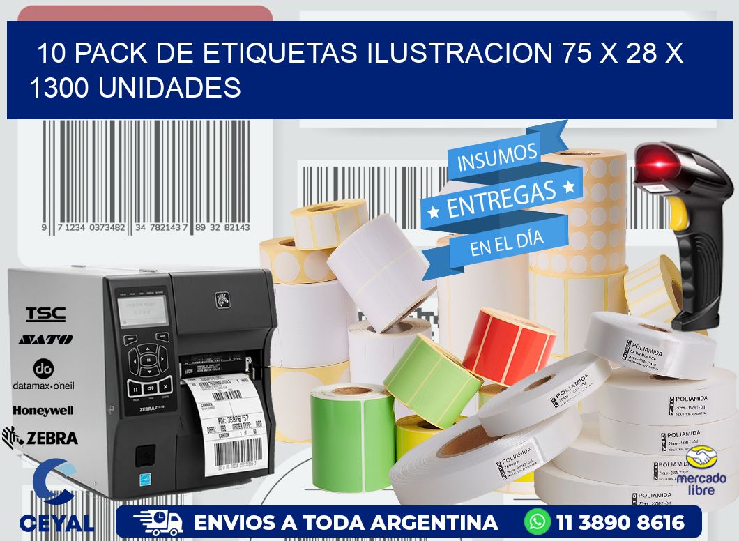 10 PACK DE ETIQUETAS ILUSTRACION 75 x 28 X 1300 UNIDADES