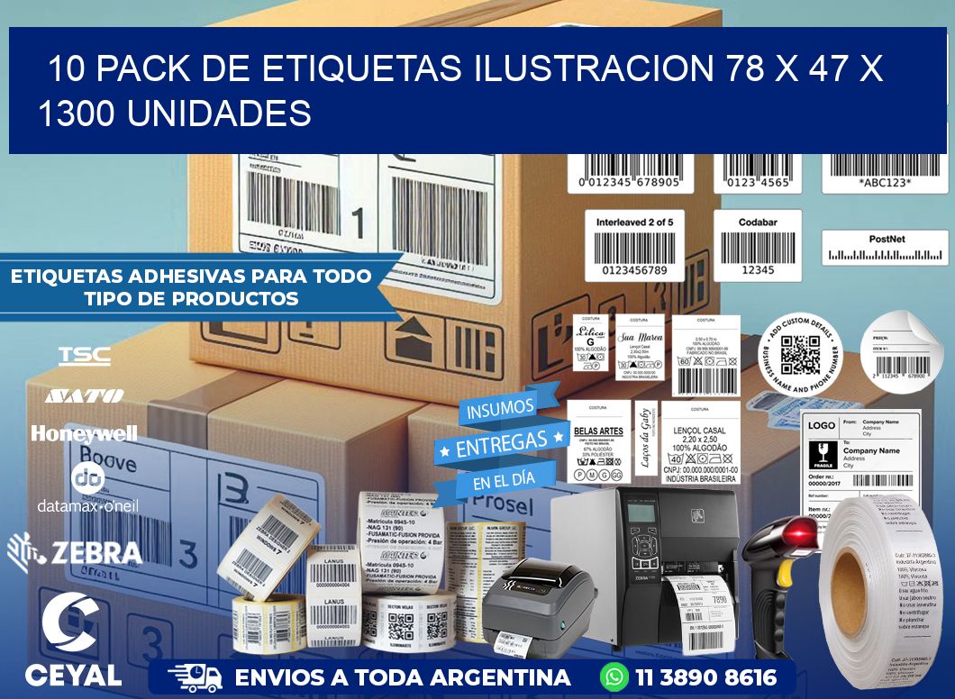 10 PACK DE ETIQUETAS ILUSTRACION 78 x 47 X 1300 UNIDADES