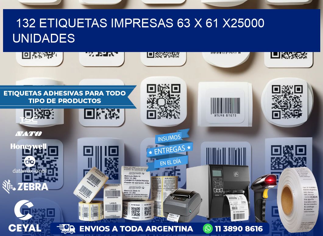 132 ETIQUETAS IMPRESAS 63 x 61 X25000 UNIDADES