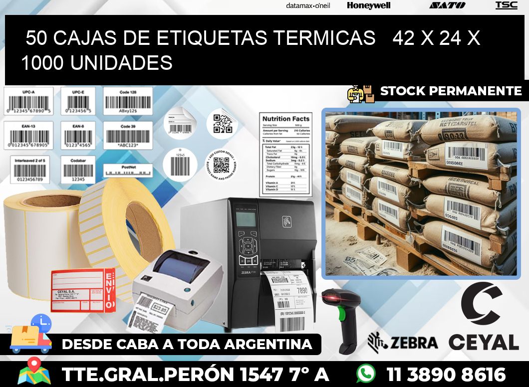 50 CAJAS DE ETIQUETAS TERMICAS   42 x 24 X 1000 UNIDADES