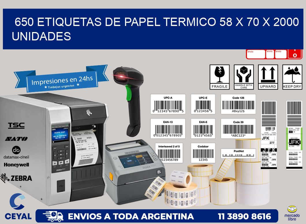 650 ETIQUETAS DE PAPEL TERMICO 58 x 70 X 2000 UNIDADES