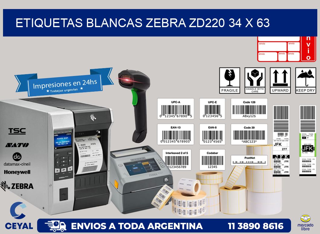 ETIQUETAS BLANCAS ZEBRA ZD220 34 x 63