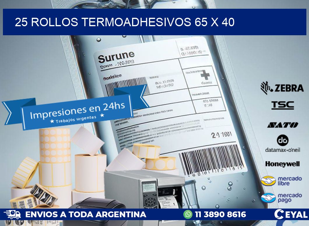 25 ROLLOS TERMOADHESIVOS 65 x 40