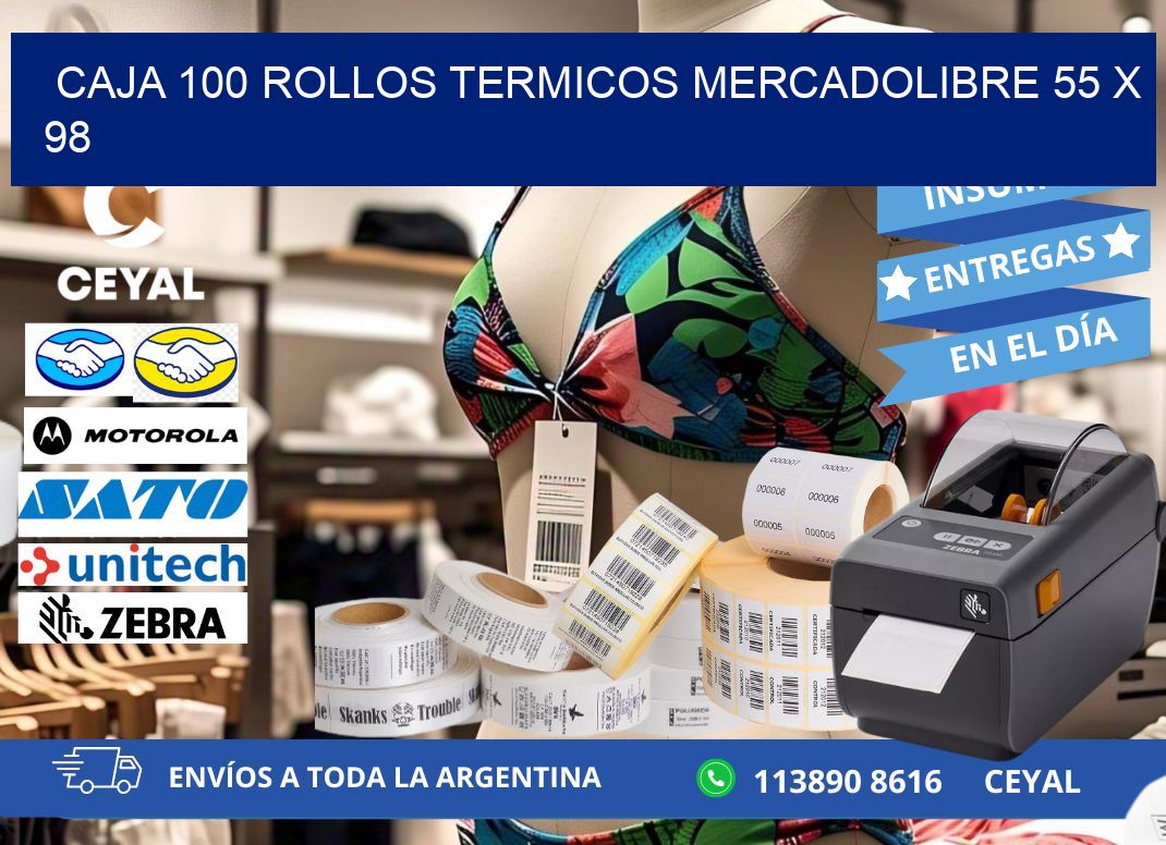 CAJA 100 ROLLOS TERMICOS MERCADOLIBRE 55 x 98