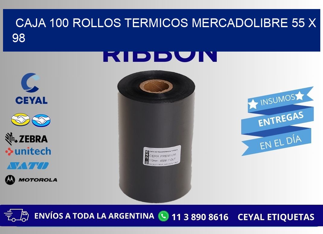 CAJA 100 ROLLOS TERMICOS MERCADOLIBRE 55 x 98