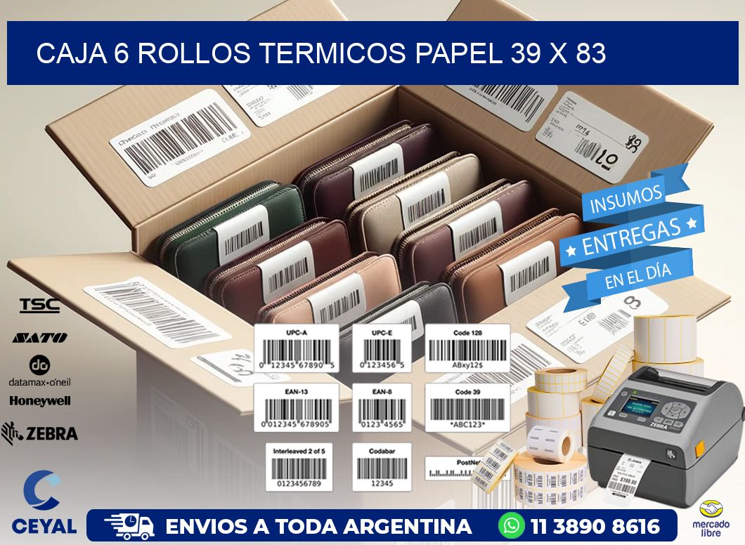 CAJA 6 ROLLOS TERMICOS PAPEL 39 x 83