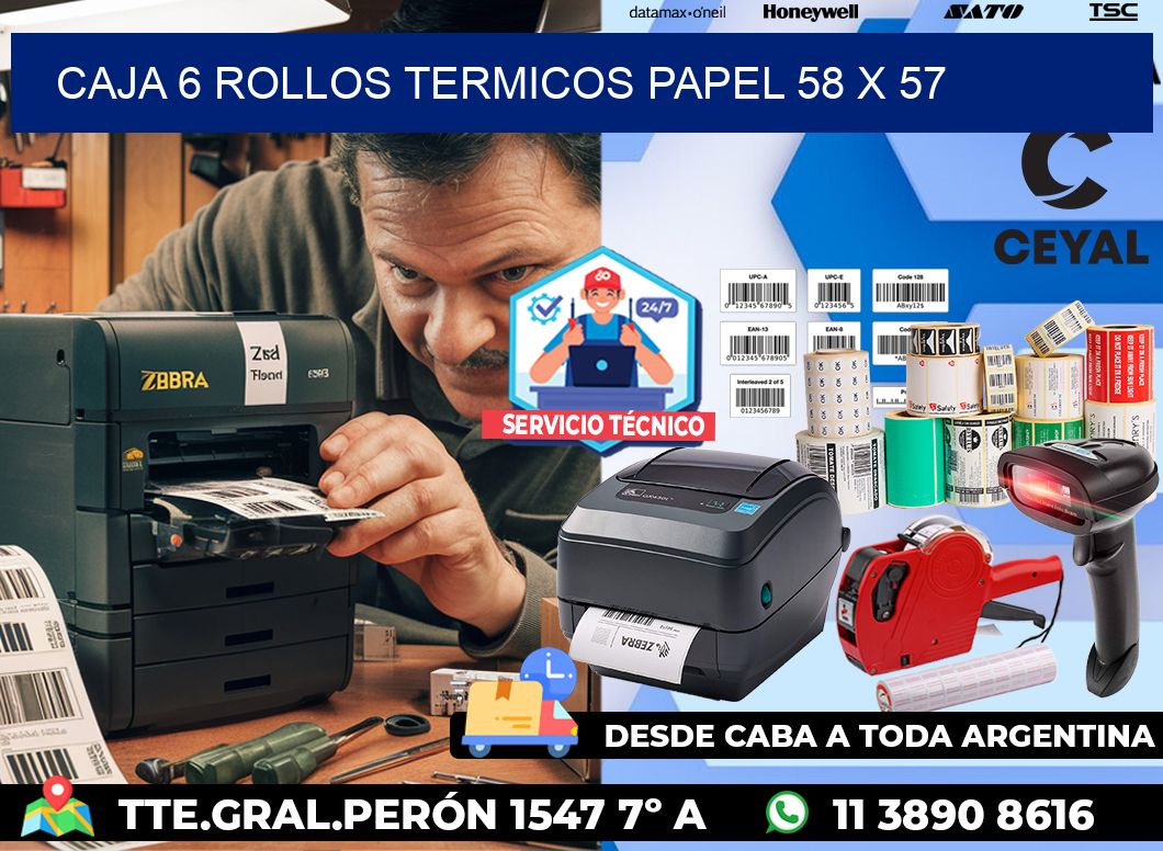 CAJA 6 ROLLOS TERMICOS PAPEL 58 x 57