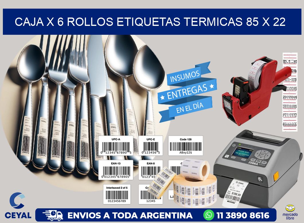 Caja X 6 Rollos Etiquetas termicas 85 x 22