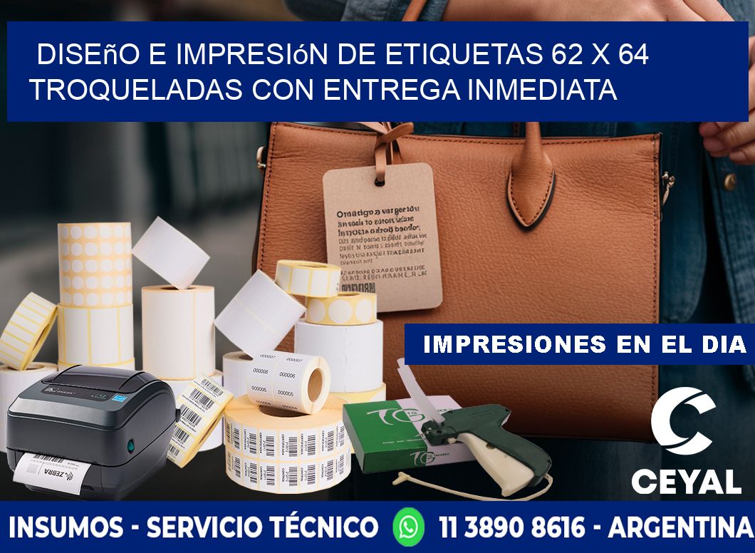 Diseño e impresión de etiquetas 62 x 64 troqueladas con entrega inmediata