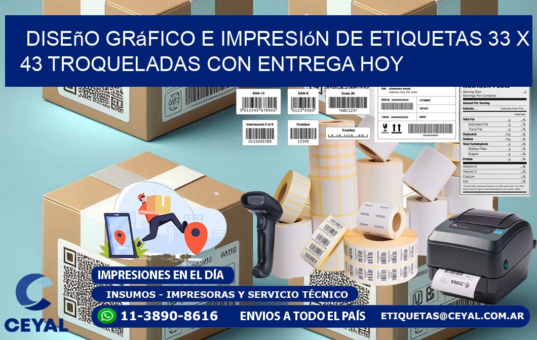 Diseño gráfico e impresión de etiquetas 33 x 43 troqueladas con entrega hoy