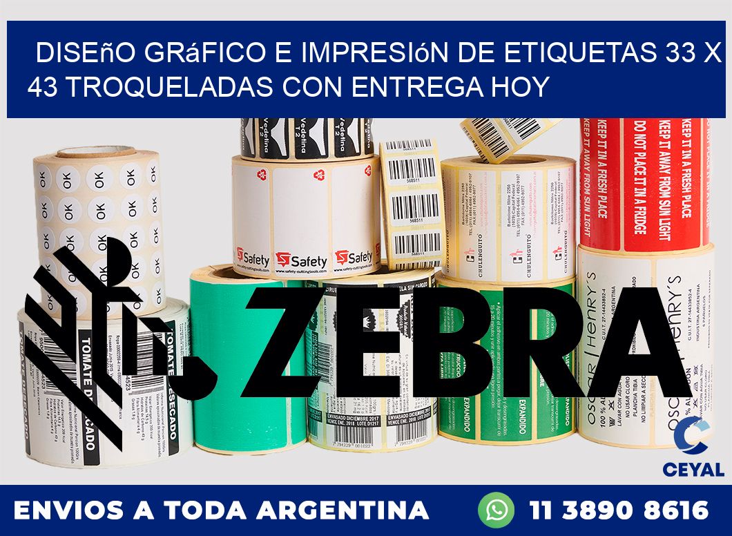 Diseño gráfico e impresión de etiquetas 33 x 43 troqueladas con entrega hoy