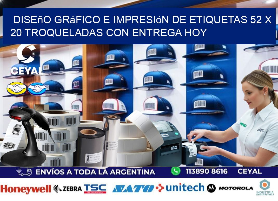 Diseño gráfico e impresión de etiquetas 52 x 20 troqueladas con entrega hoy
