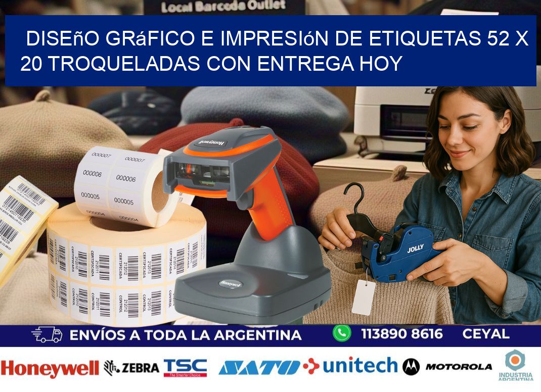 Diseño gráfico e impresión de etiquetas 52 x 20 troqueladas con entrega hoy