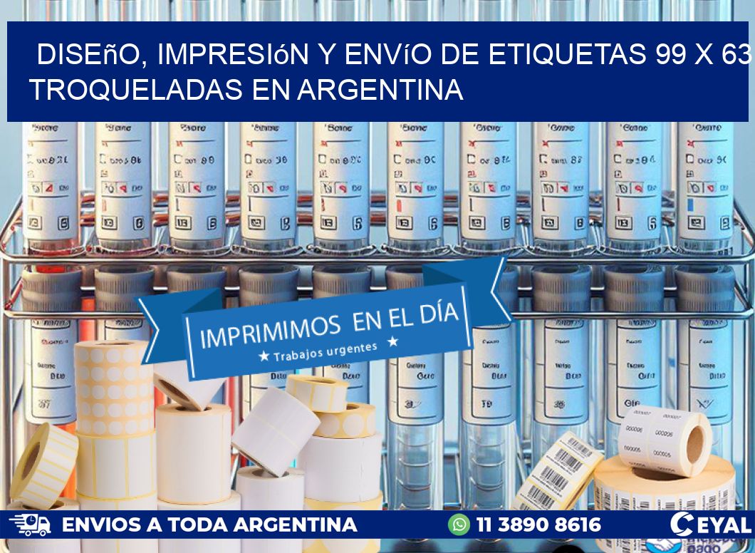 Diseño, impresión y envío de etiquetas 99 x 63 troqueladas en Argentina