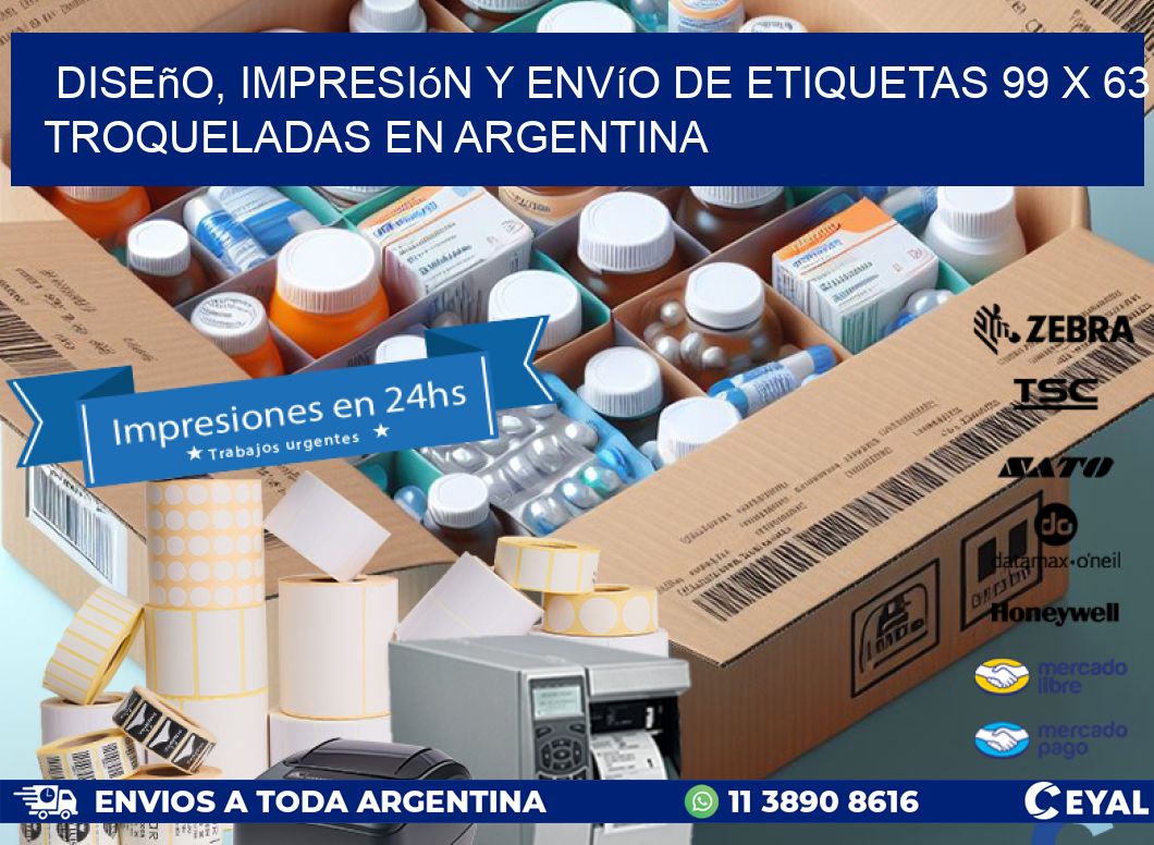Diseño, impresión y envío de etiquetas 99 x 63 troqueladas en Argentina