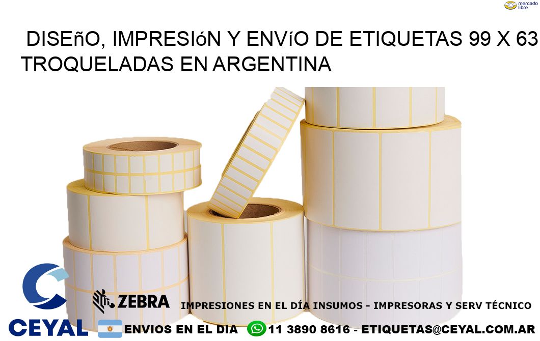 Diseño, impresión y envío de etiquetas 99 x 63 troqueladas en Argentina