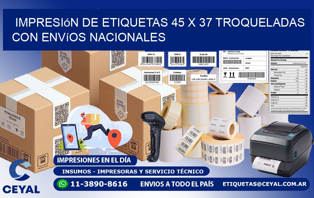 Impresión de etiquetas 45 x 37 troqueladas con envíos nacionales