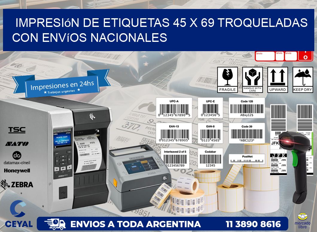Impresión de etiquetas 45 x 69 troqueladas con envíos nacionales