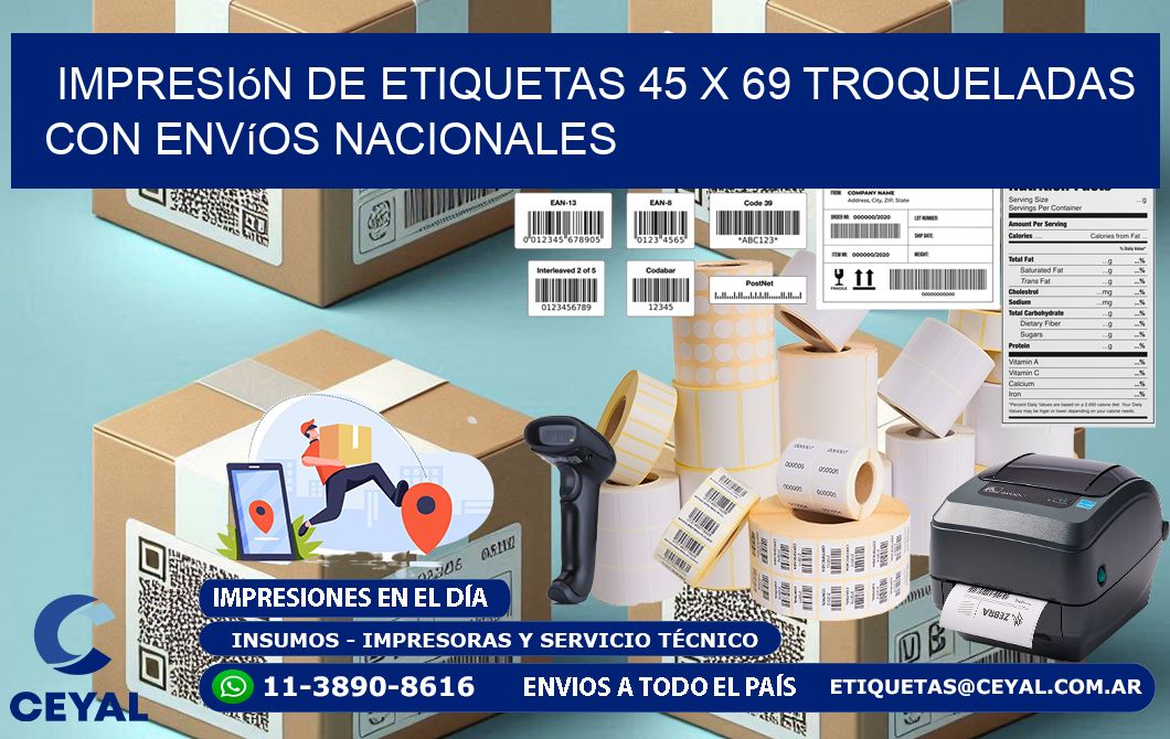 Impresión de etiquetas 45 x 69 troqueladas con envíos nacionales
