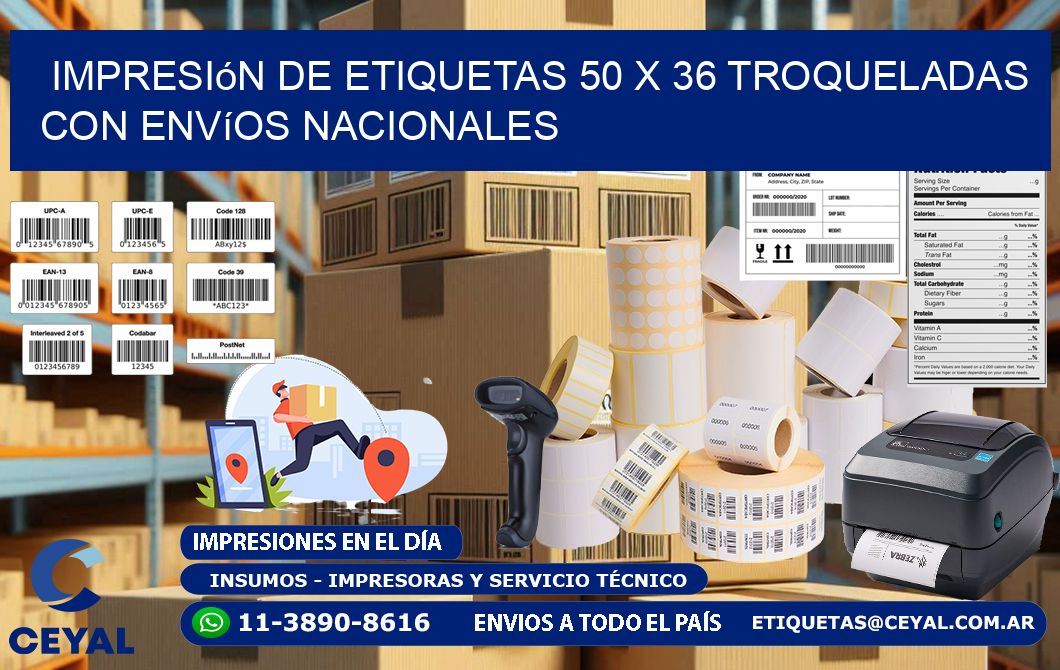 Impresión de etiquetas 50 x 36 troqueladas con envíos nacionales