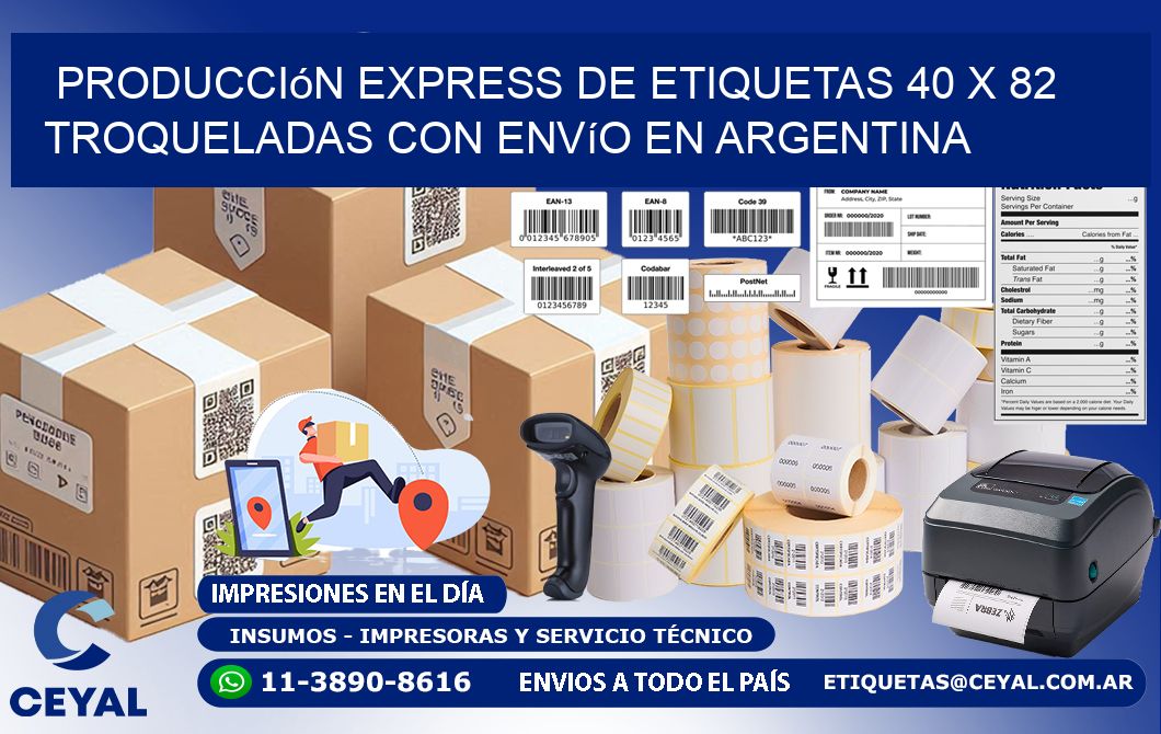 Producción express de etiquetas 40 x 82 troqueladas con envío en Argentina