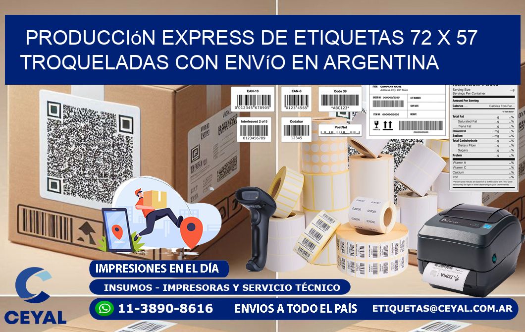 Producción express de etiquetas 72 x 57 troqueladas con envío en Argentina