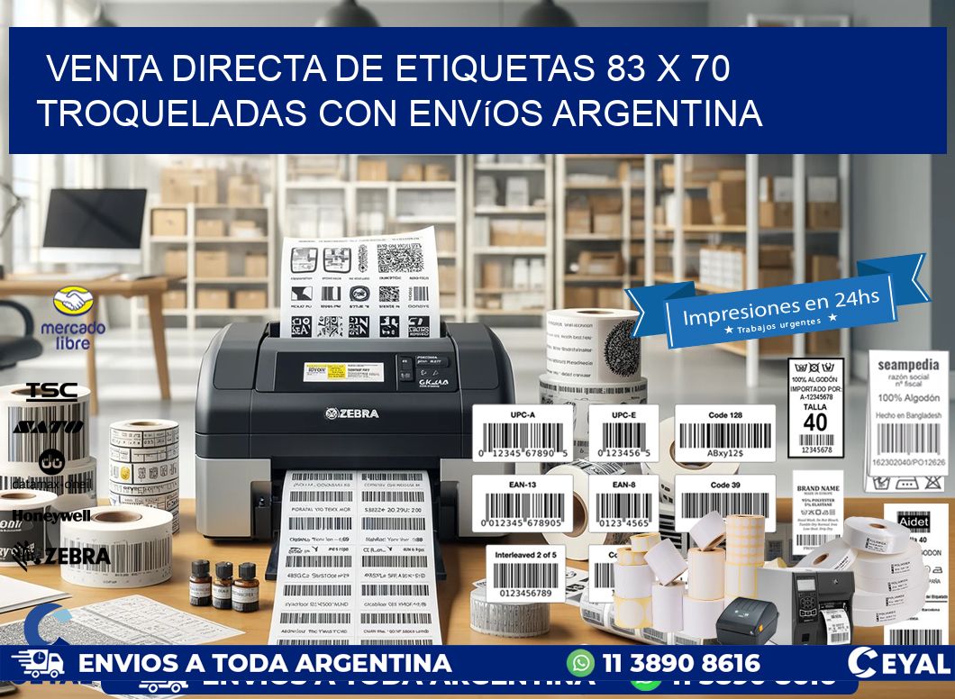 Venta directa de etiquetas 83 x 70 troqueladas con envíos Argentina