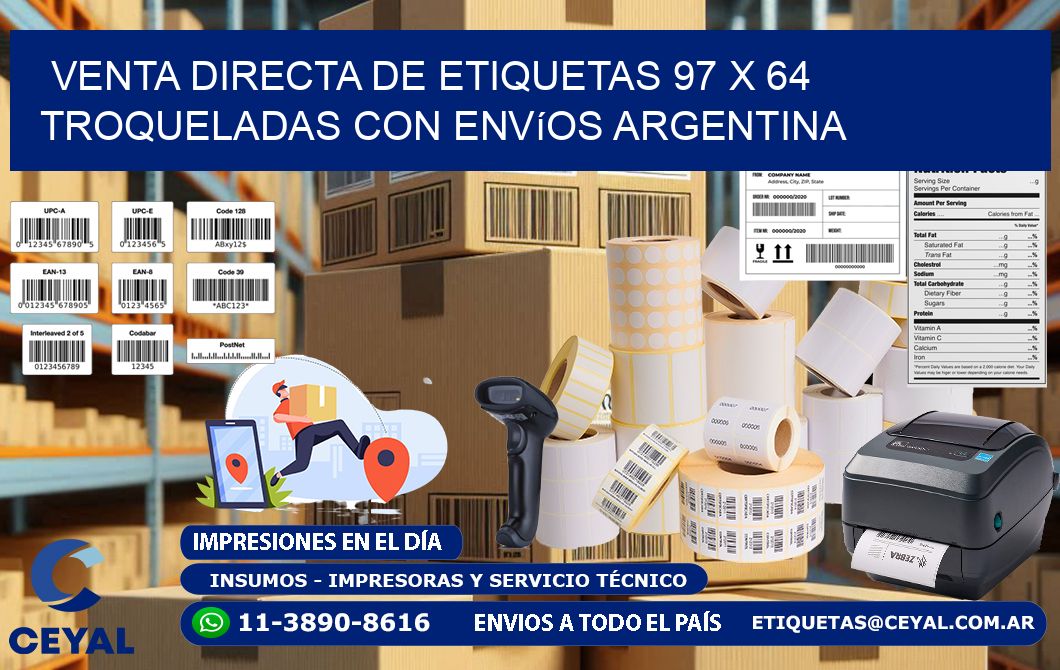 Venta directa de etiquetas 97 x 64 troqueladas con envíos Argentina