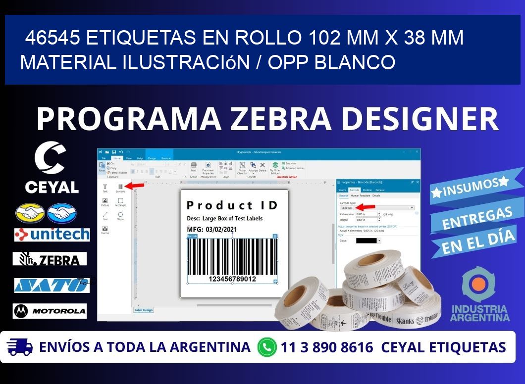 46545 Etiquetas en rollo 102 mm x 38 mm material Ilustración / OPP Blanco