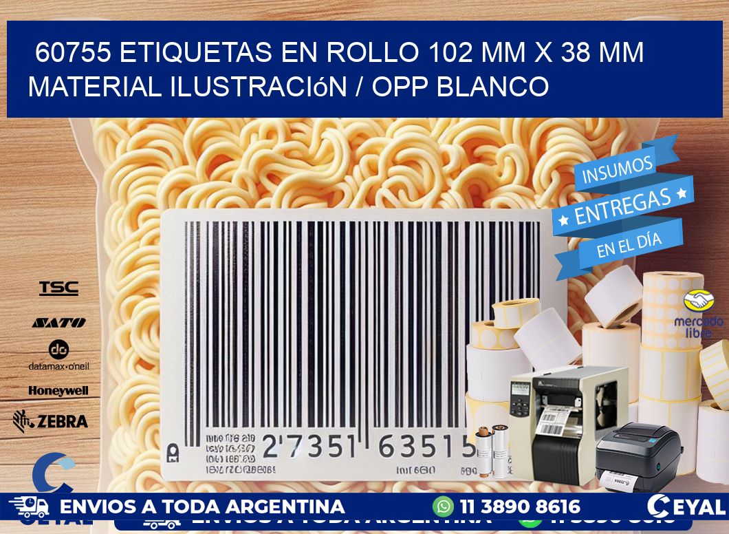 60755 Etiquetas en rollo 102 mm x 38 mm material Ilustración / OPP Blanco
