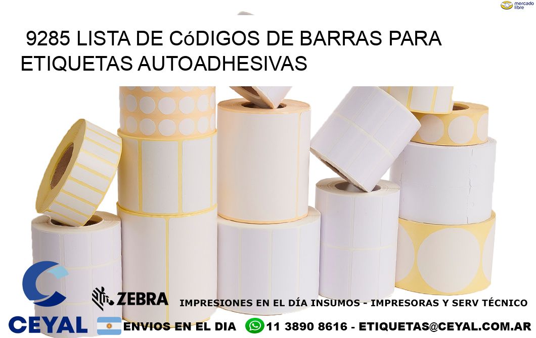 9285 Lista de códigos de barras para etiquetas autoadhesivas
