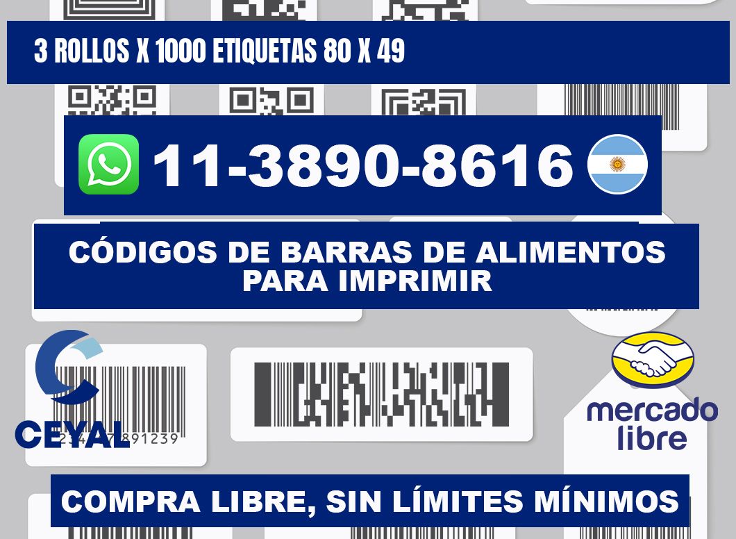 3 rollos x 1000 etiquetas 80 x 49
