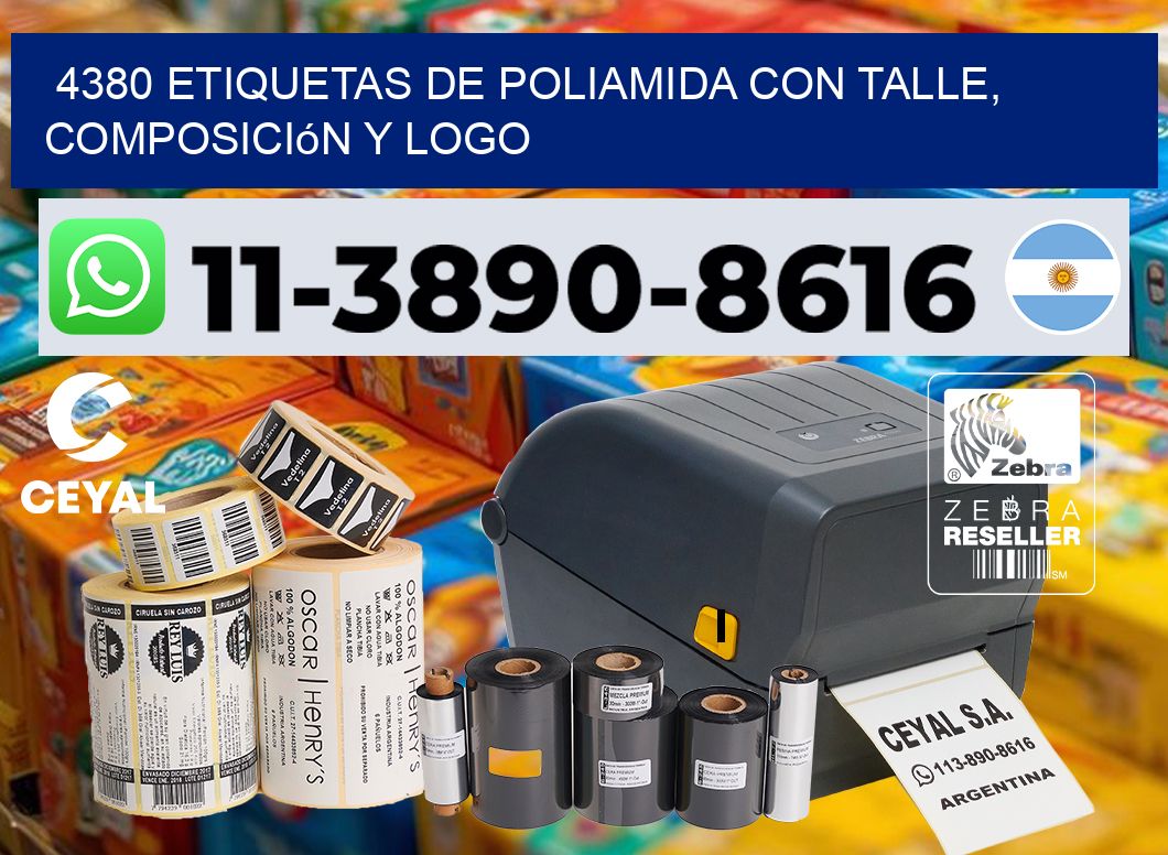 4380 Etiquetas de poliamida con talle, composición y logo