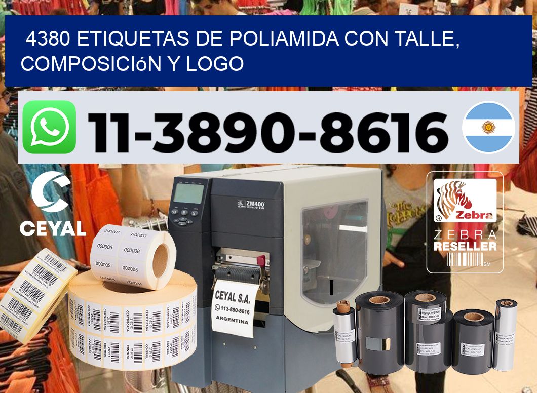4380 Etiquetas de poliamida con talle, composición y logo