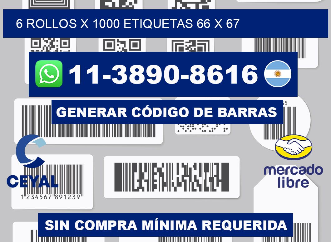 6 rollos x 1000 etiquetas 66 x 67