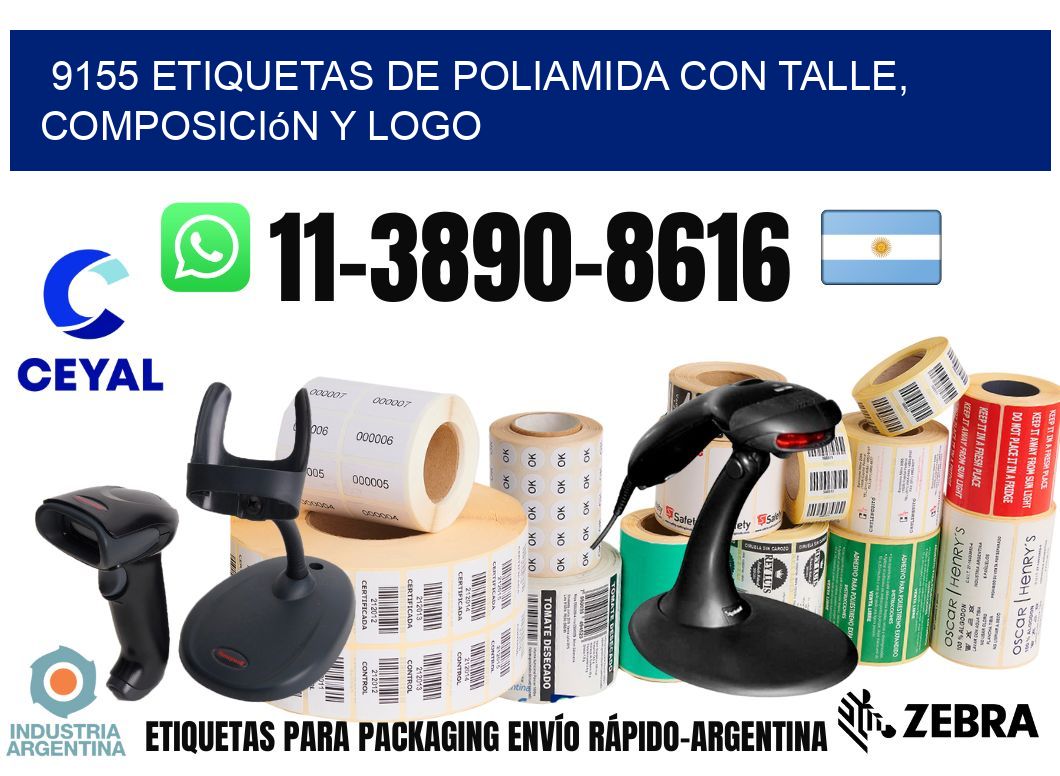 9155 Etiquetas de poliamida con talle, composición y logo