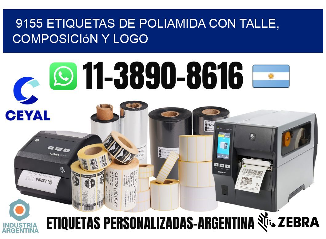 9155 Etiquetas de poliamida con talle, composición y logo