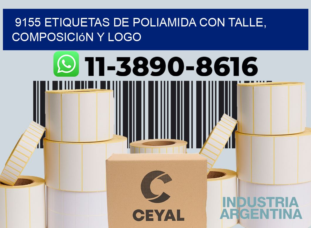 9155 Etiquetas de poliamida con talle, composición y logo