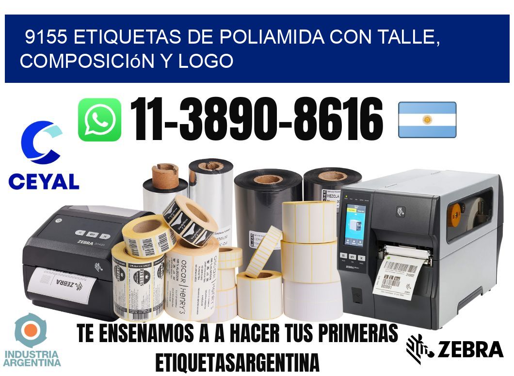 9155 Etiquetas de poliamida con talle, composición y logo