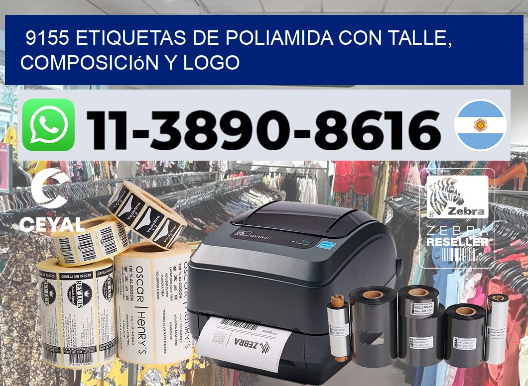 9155 Etiquetas de poliamida con talle, composición y logo