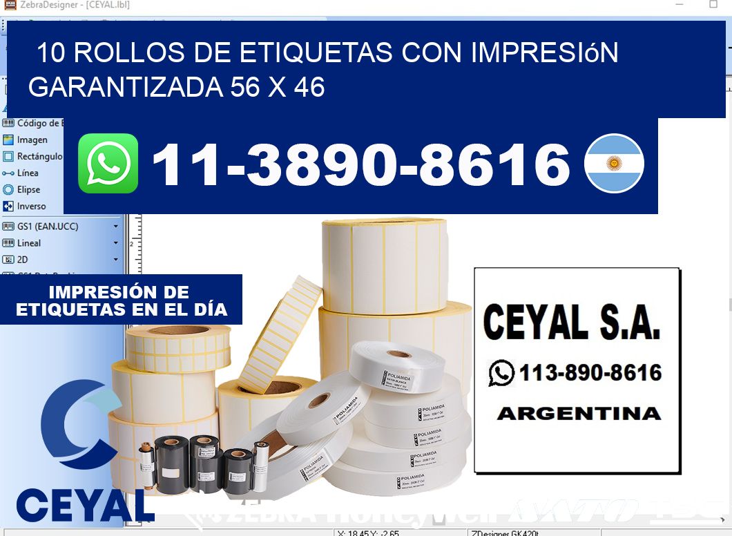 10 rollos de etiquetas con impresión garantizada 56 x 46