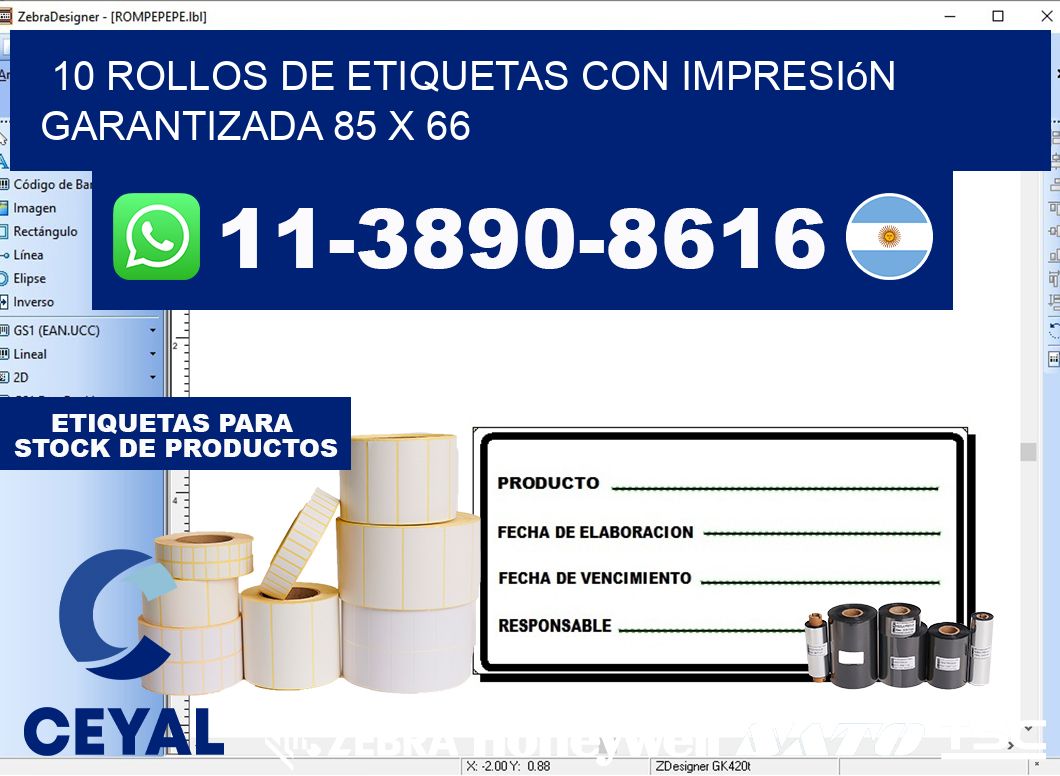 10 rollos de etiquetas con impresión garantizada 85 x 66