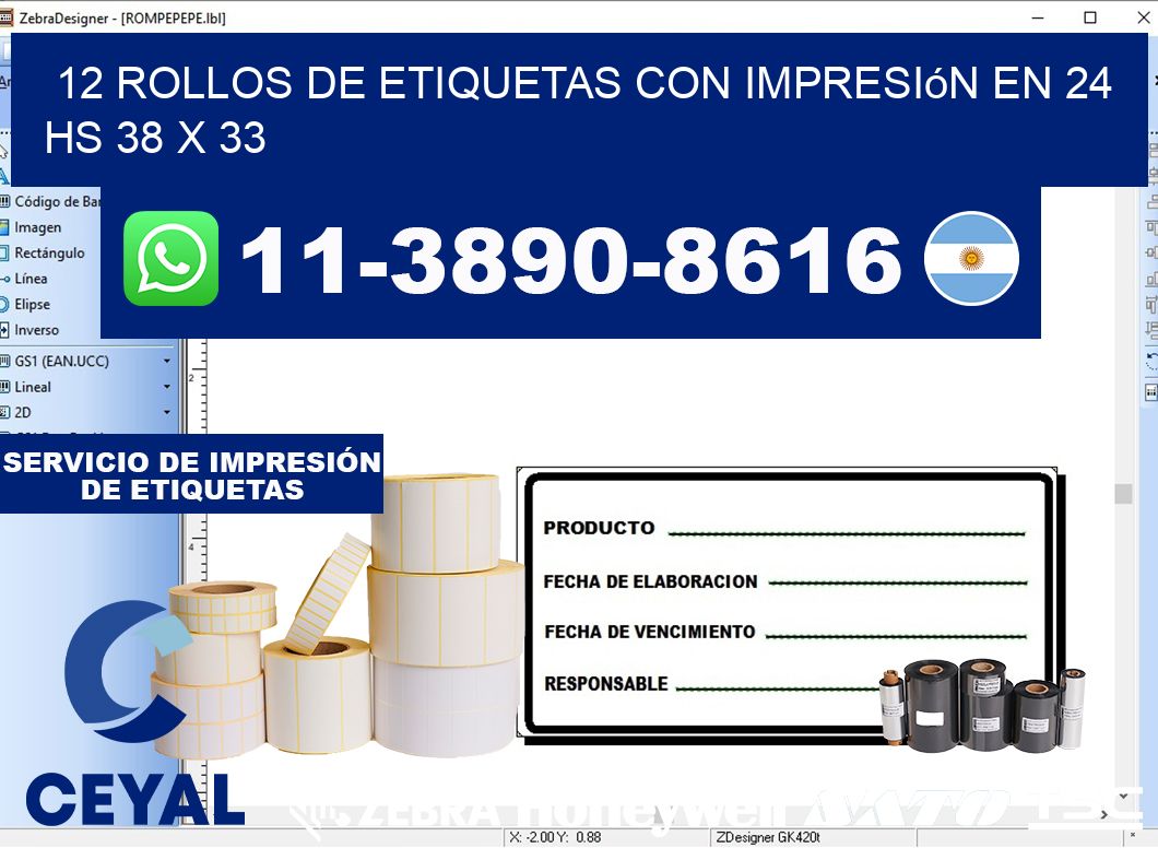 12 rollos de etiquetas con impresión en 24 hs 38 x 33