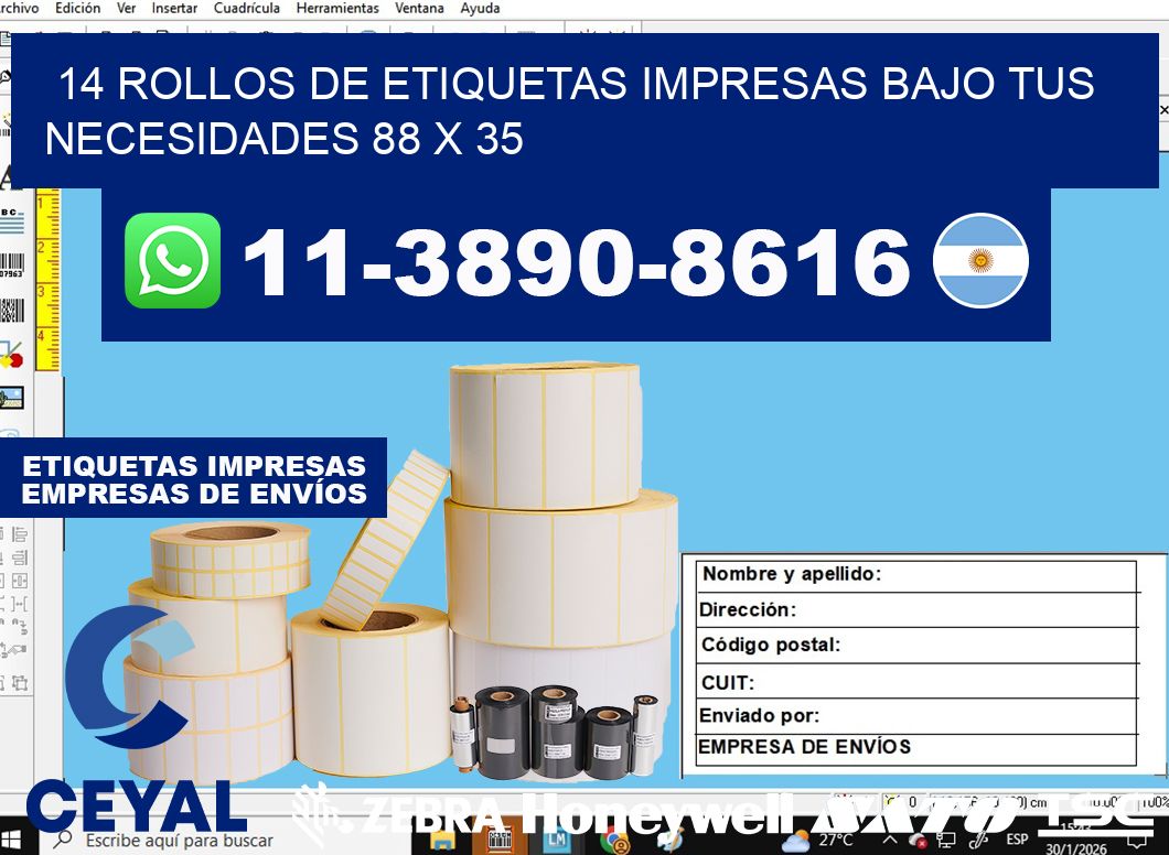 14 rollos de etiquetas impresas bajo tus necesidades 88 x 35