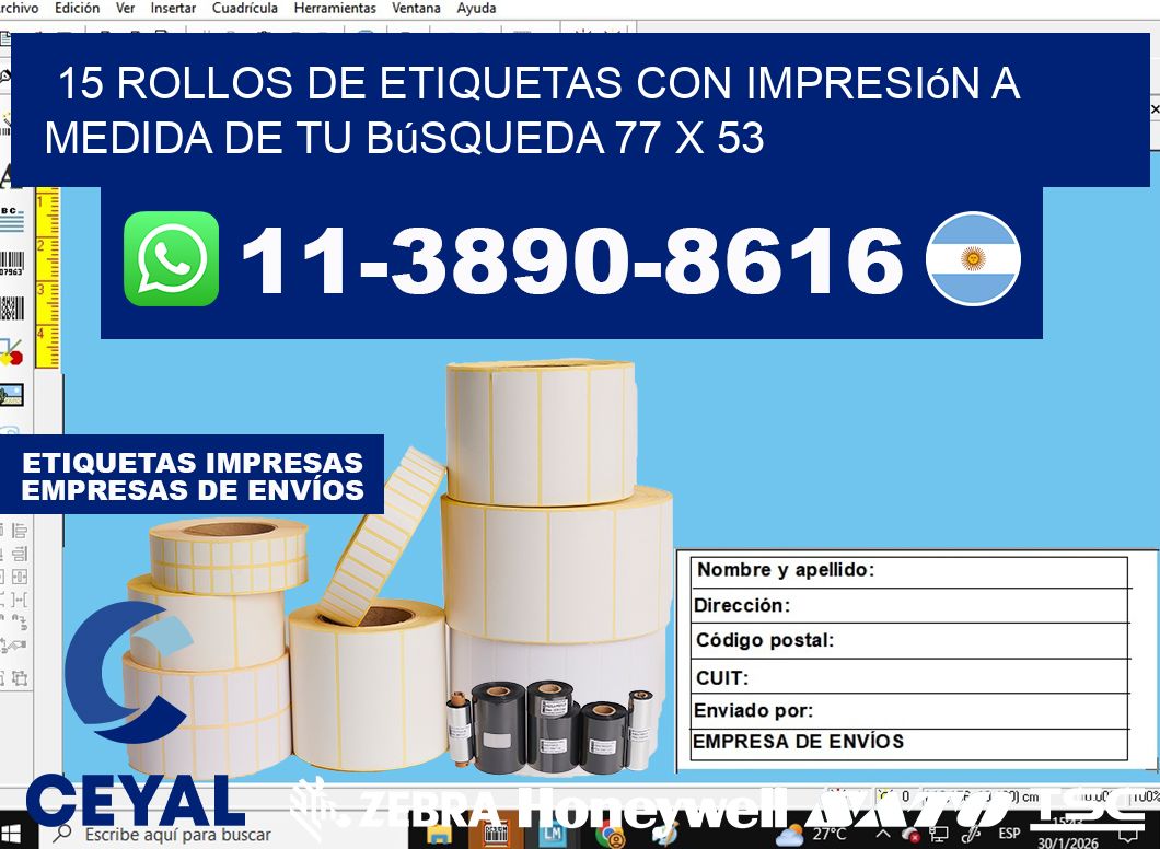 15 rollos de etiquetas con impresión a medida de tu búsqueda 77 x 53