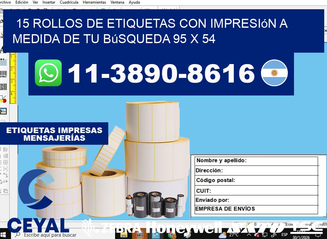 15 rollos de etiquetas con impresión a medida de tu búsqueda 95 x 54