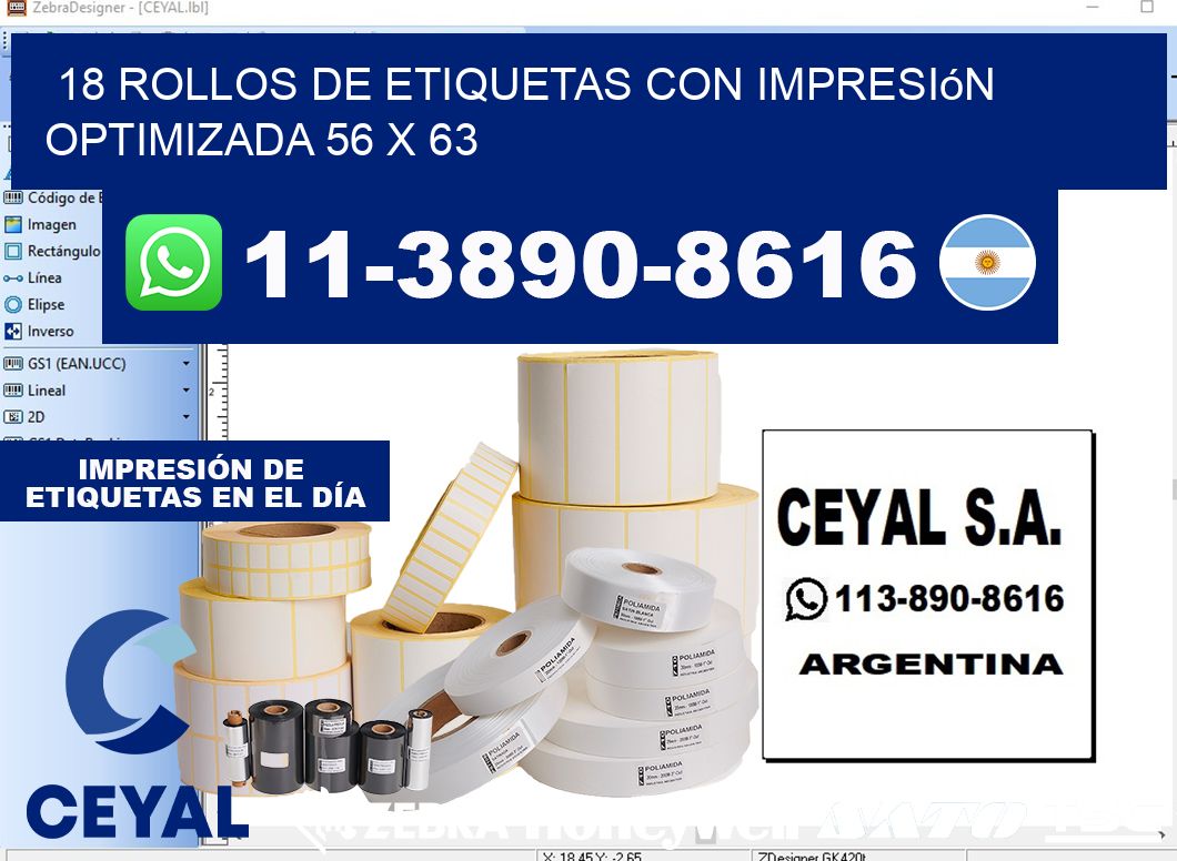 18 rollos de etiquetas con impresión optimizada 56 x 63